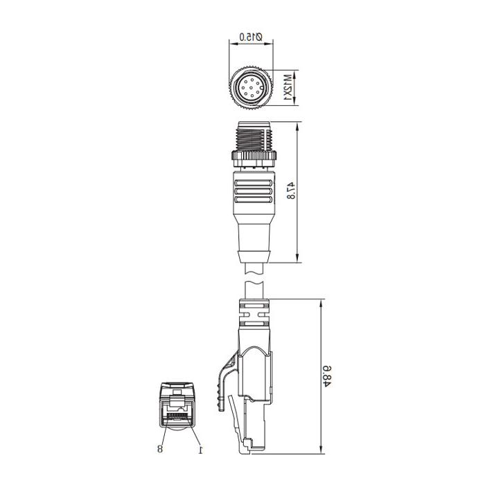 M12 8Pin straight male/RJ45 male、Double ended pre cast PVC non flexible cable、With shielding、Tea green sheath、Ethernet Cat.5e、0C4463-XXX