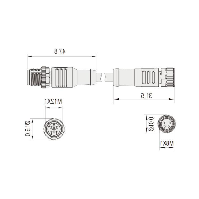 M8转M12 4Pin、M8母头直型 带LED灯转M12公头直型、双端预铸PUR柔性电缆、黑色护套、63D311-XXX